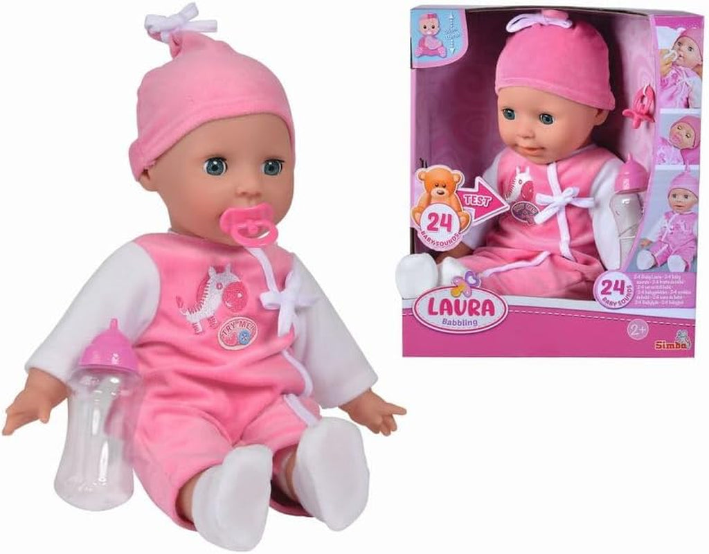 Simba 105140489 - Laura Baby Talk Doll, 38 cm lalka z miękkim ciałem i zaspanymi oczami w uroczym kombinezonie, 24 dźwięki dziecka, lalka do zabawy, lalka Baby, wiek 2+