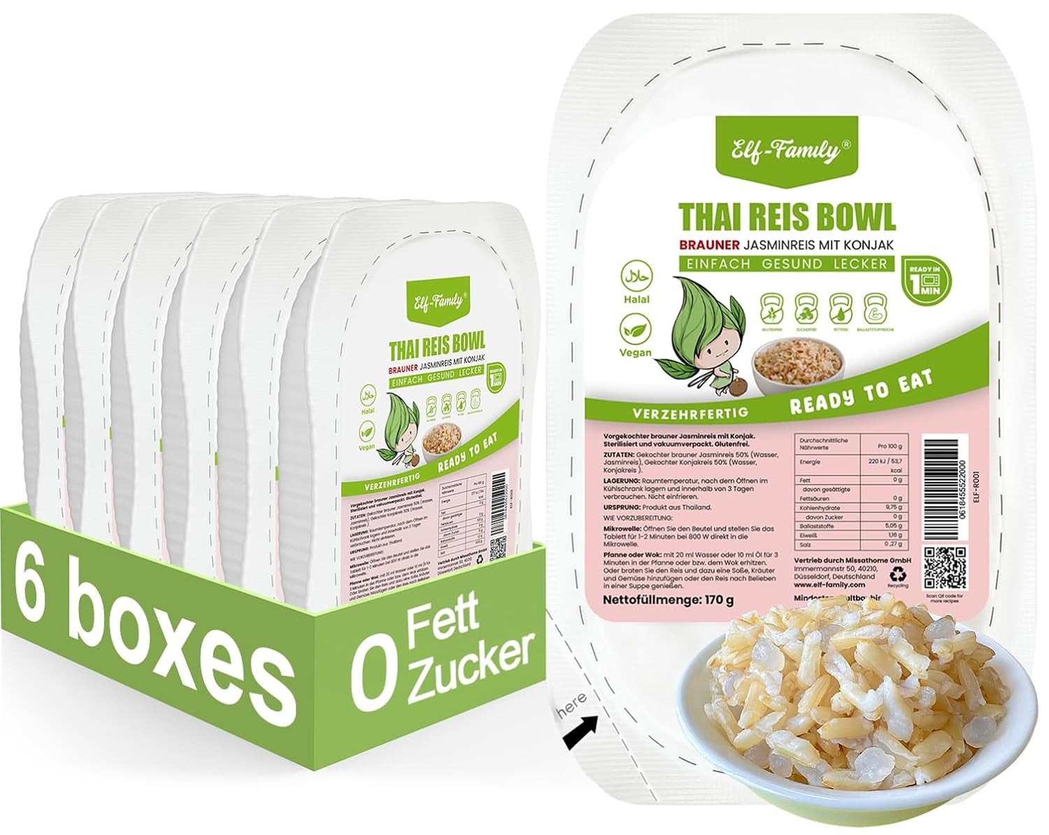 Rodzina Elfów Konjak Reis Thai Brauner Shirataki Bowl - [Diätbox für 1 Wo.] - Instant Jasmin Reis - Fertiggerichte für Mikrowelle - Natürlich Superfoods Mikronährstoffe - Vegan/Low Carb/Fettfrei - 6er Box
