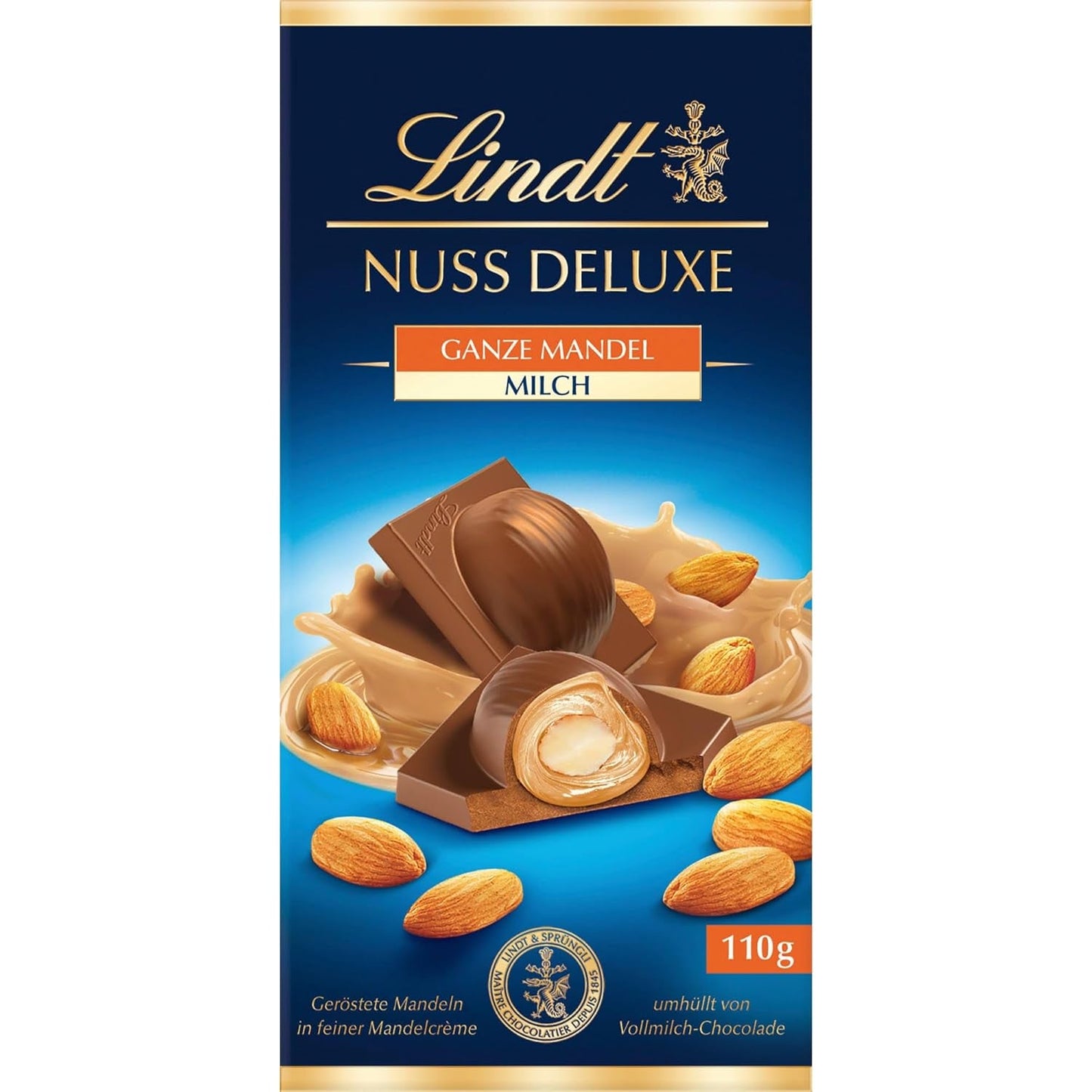 Czekolada Lindta | NUT DELUXE Batonik czekoladowy z mlekiem i migdałami | 110g | Czekolada mleczna z prażonymi migdałami w gładkim kremie migdałowym | Batonik czekoladowy