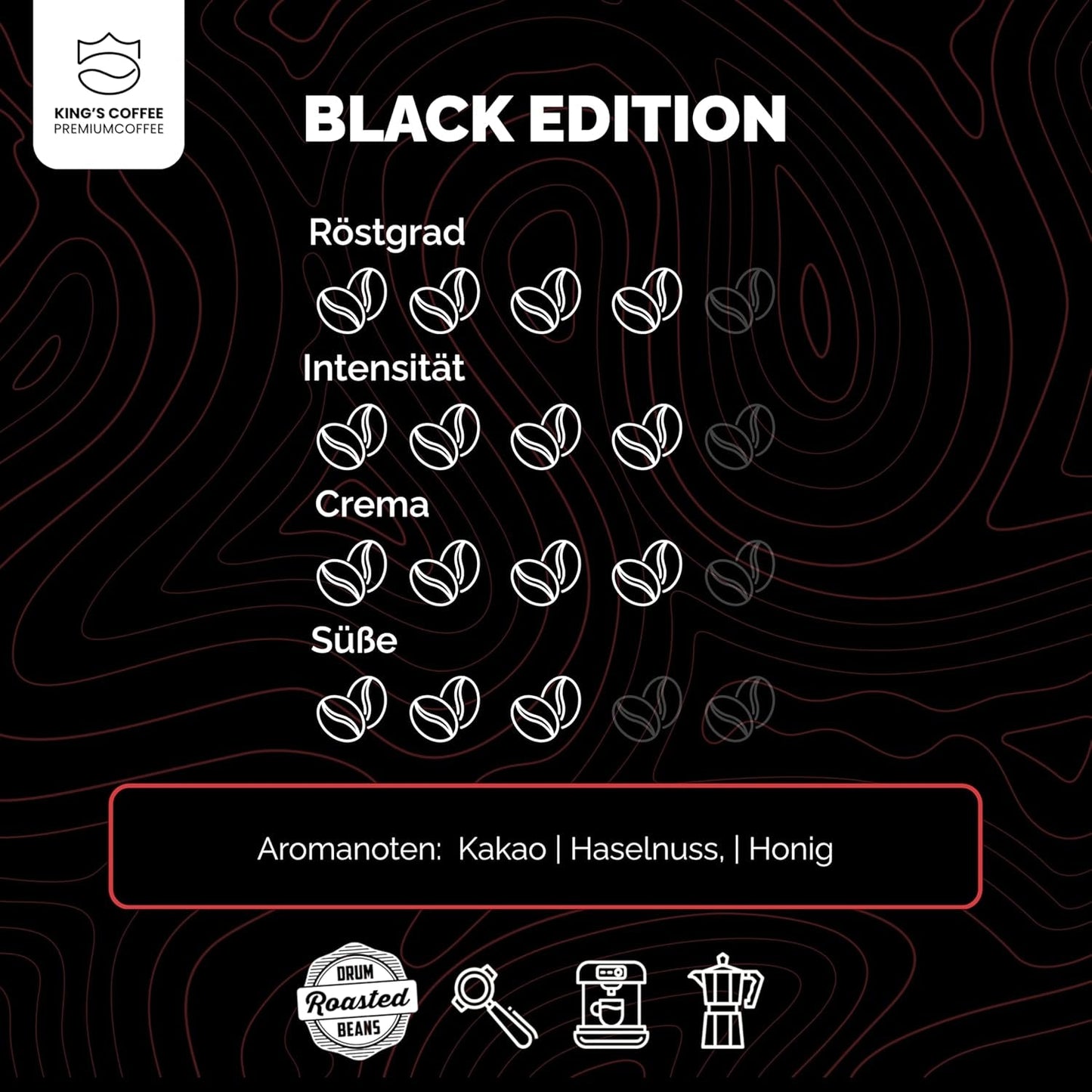 KING'S COFFEE - BLACK EDITION - 1 kg Intensywnie kremowa kawa ziarnista - Kawa o niskiej kwasowości - Kawa palona w małych partiach z Włoch - Mocna arabika w ziarnach espresso (mieszanka) do ekspresów w pełni automatycznych i z kolbą