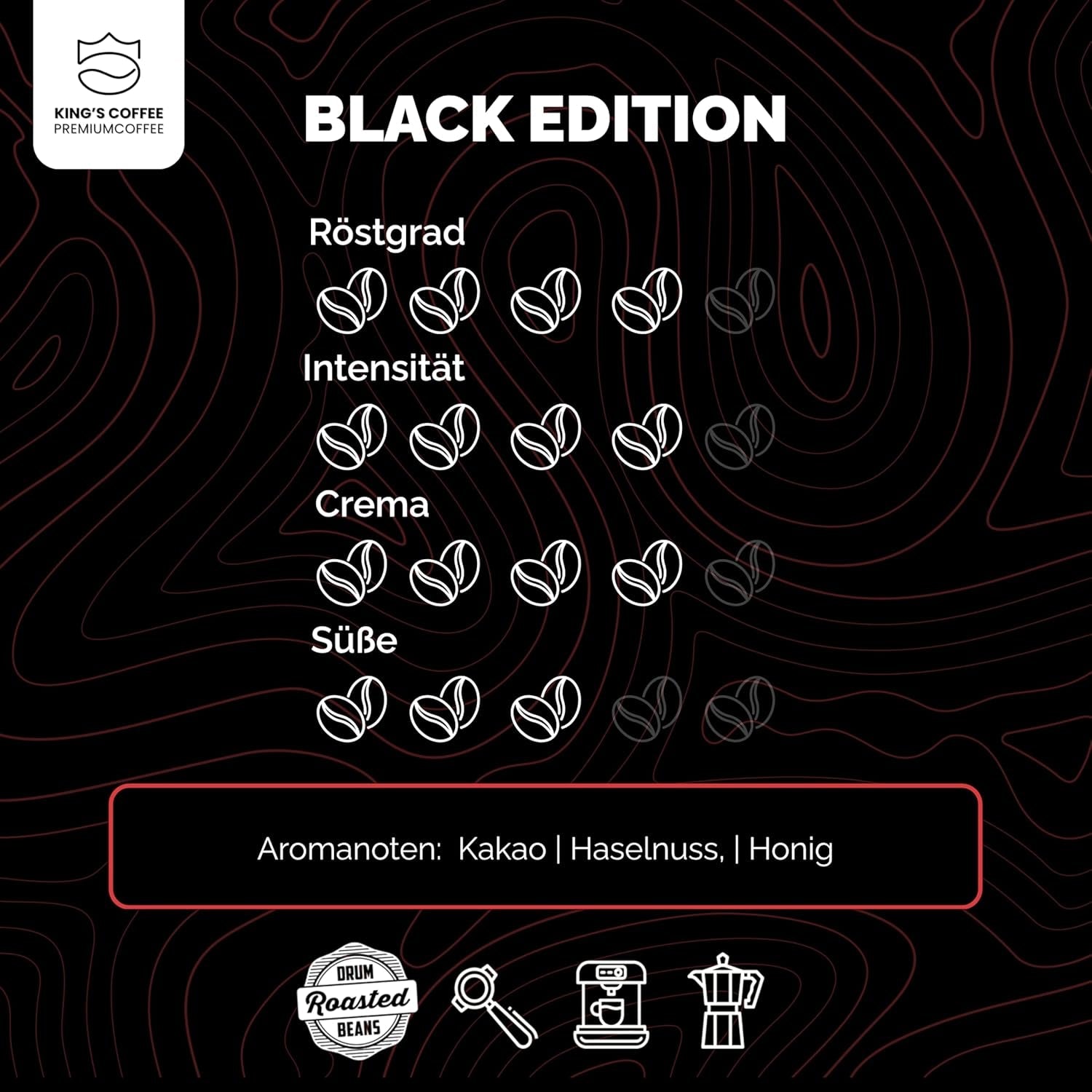KING'S COFFEE - BLACK EDITION - 1 kg Intensywnie kremowa kawa ziarnista - Kawa o niskiej kwasowości - Kawa palona w małych partiach z Włoch - Mocna arabika w ziarnach espresso (mieszanka) do ekspresów w pełni automatycznych i z kolbą