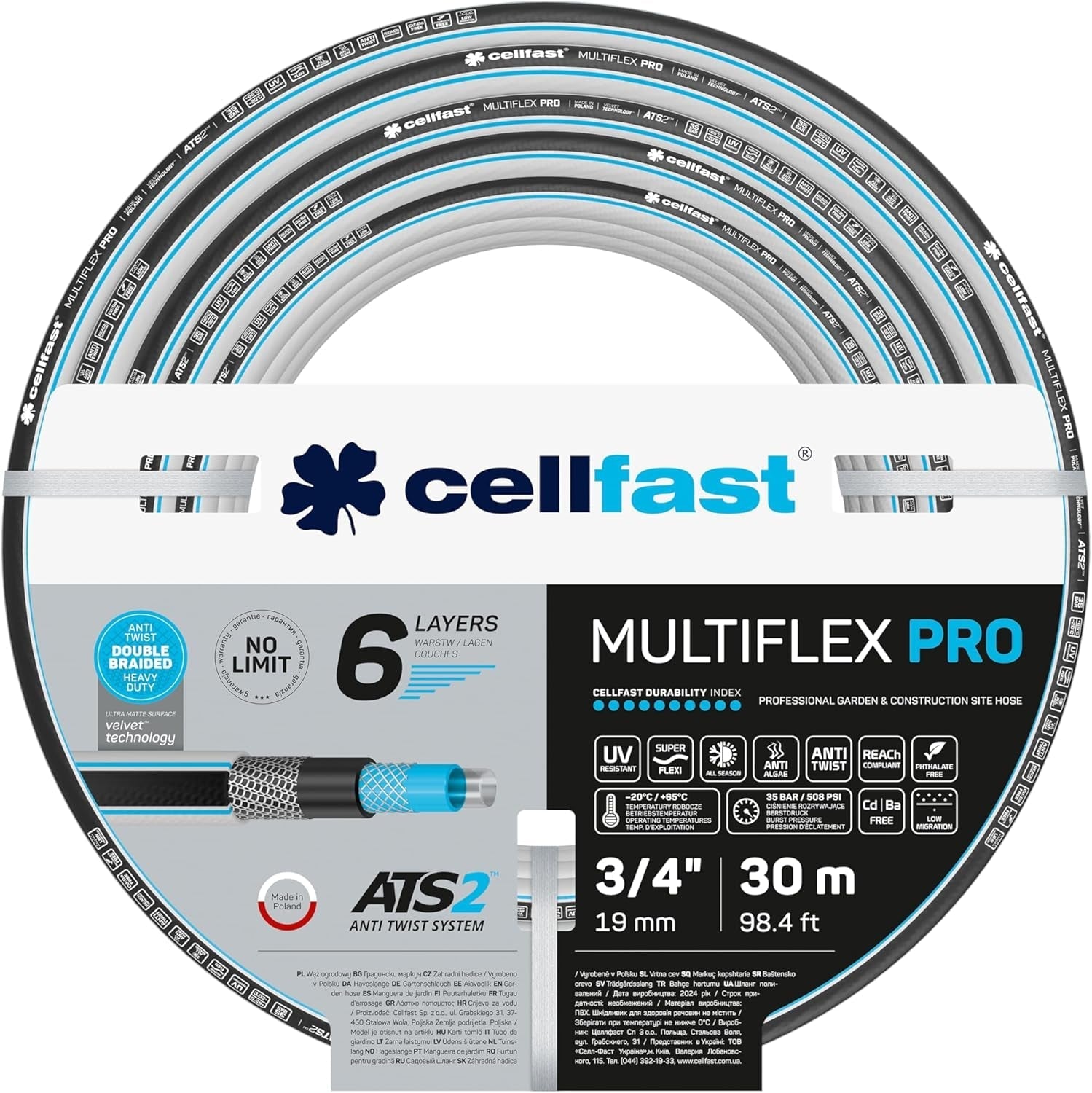 Wąż ogrodowy Cellfast MULTIFLEX PRO, trwały, 6 warstw, oplot dziany ATS2, odporny na promieniowanie UV i algi, nie zawiera metali ciężkich, technologia aksamitna, 35 bar, -20/+65°C, 3/4", 30m