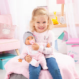 Bayer Design 93829AA Interaktywna lalka My Piccolina z funkcją, Mówiąca lalka, Porusza ustami, 38 cm, Smoczek, Butelka dla dziecka, Różowy, Szary