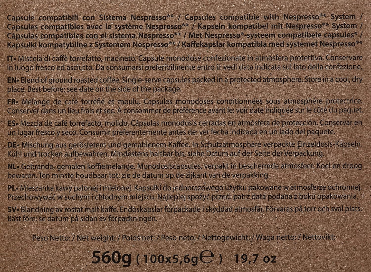 Kapsułki z kawą Decaffeinato Kompatybilne z Nespresso 5,6 g x 100 kapsułek