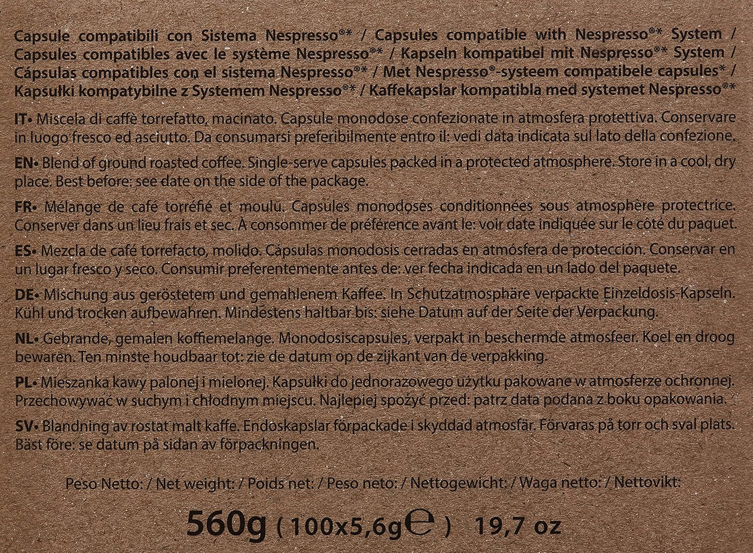 Kapsułki z kawą Decaffeinato Kompatybilne z Nespresso 5,6 g x 100 kapsułek