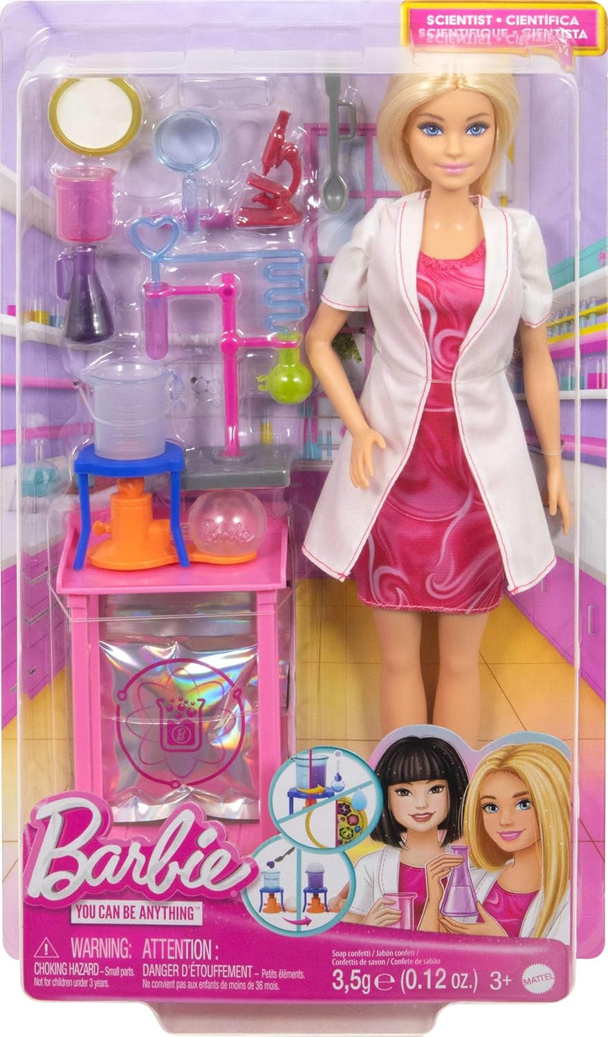 Lalka Barbie Naukowiec i akcesoria z modną blondynką, stołem laboratoryjnym, mikroskopem, zlewką zmieniającą kolor i szalką Petriego, JCR70