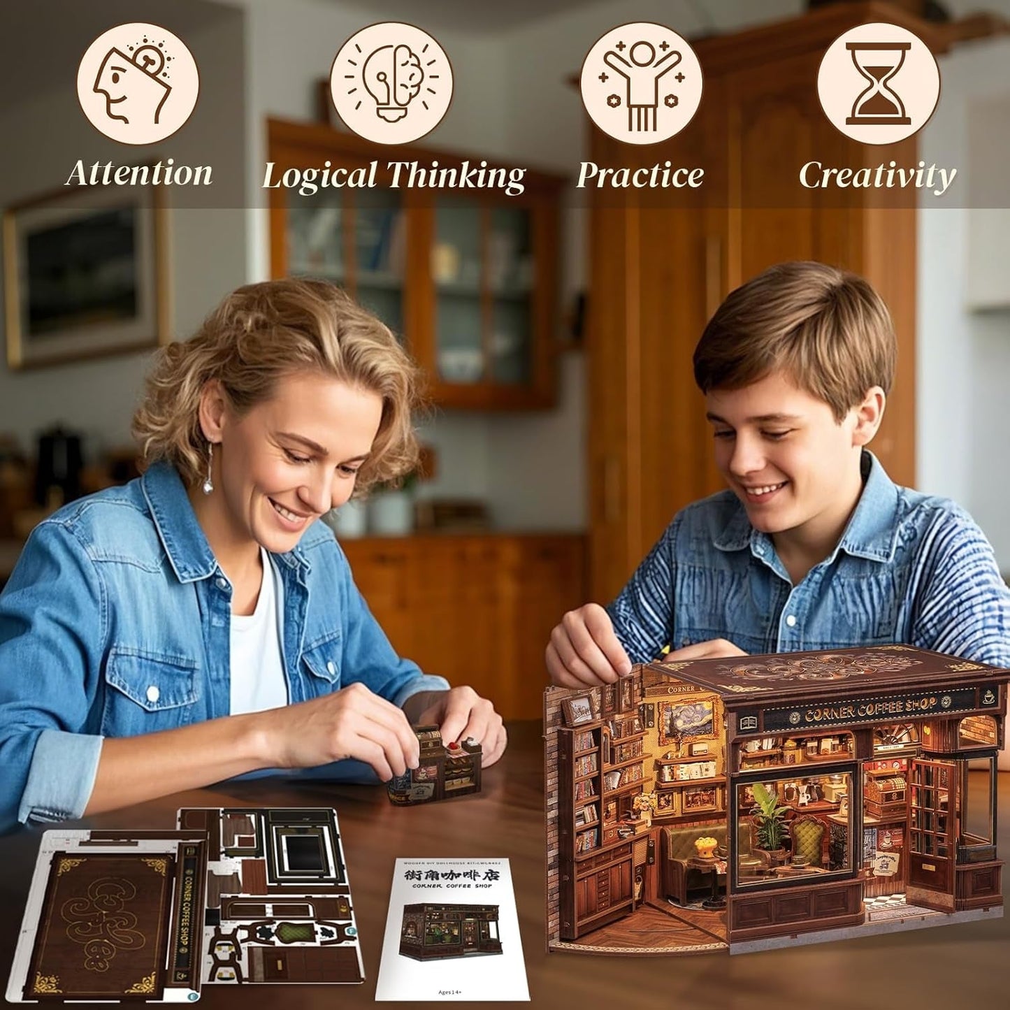 Zestaw narożny z książką CUTEBEE - domki dla lalek DIY, zestaw do budowania miniaturowego domu z oświetleniem LED dla dorosłych, drewniane puzzle 3D i stojak na książki - dekoracja półki na książki i prezent (kawiarnia narożna)