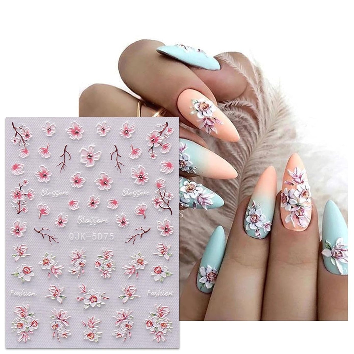 JMEOWIO 6 Blatt 3D Nagelsticker Frühlings Blume Nail Art Naklejka Selbstklebend Nagelaufkleber 5D Stereoskopisch Bunte Sommer Blumen Dekoration Nageldesign Zubehör