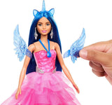 Barbie Ukryta Magia - lalka jednorożec, różowa sukienka z szafirowymi detalami, opaska jednorożca, odpinane szafirowe skrzydła i ogon, od 3 lat, HRR16