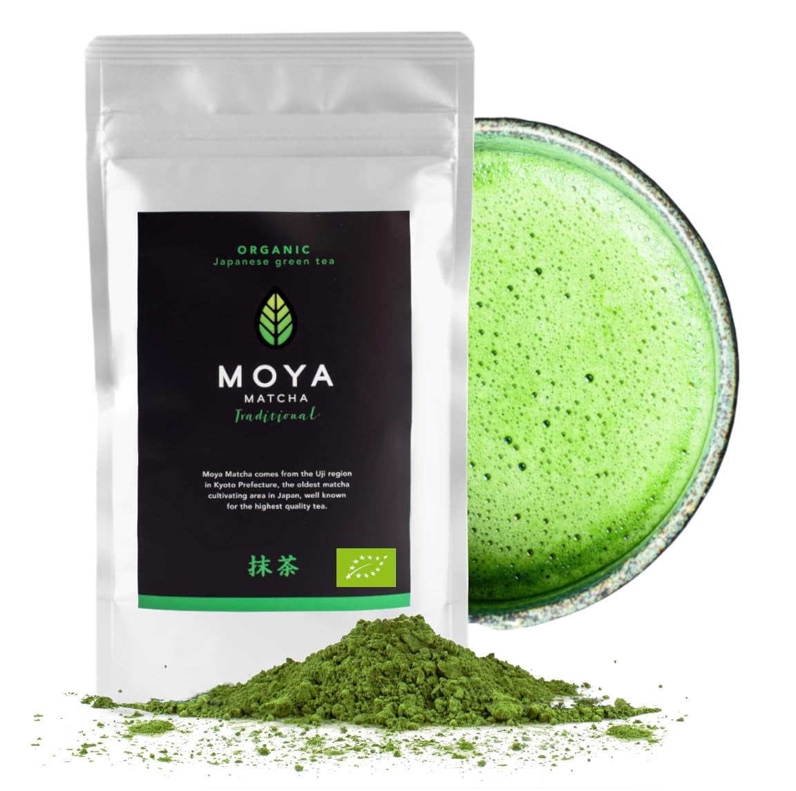 Moya Matcha organiczna zielona herbata w proszku | 100 g tradycyjna ceremonia jakość 30 g | Organicznie uprawiane i zbierane w Uji w Japonii | Idealne do picia z wodą, matcha latte, koktajlami i lemoniadami
