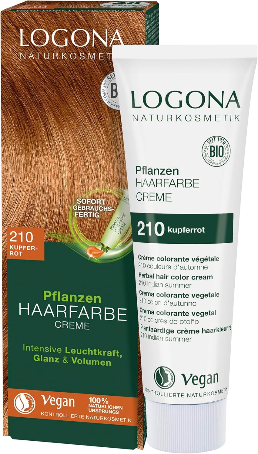 LOGONA Natural Cosmetics Roślinny krem koloryzujący do włosów 240 Nugat Brown Natural Henna Brown Krem koloryzujący do włosów Odcienie brązu Ciemna farba do włosów 150ml Naty Shop Farba do włosów 210 Miedziana czerwień [Indian Summer]