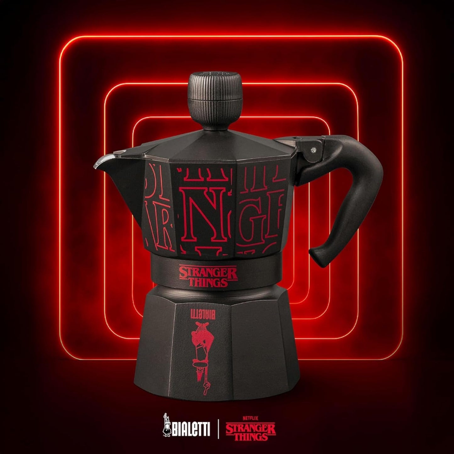 Bialetti Moka Express Stranger Things Ekspres do kawy na 3 filiżanki, Przycisk muzyczny z funkcją ładowania USB-C, Nie nadaje się do płyt indukcyjnych, 3 filiżanki (130 ml), Czarny