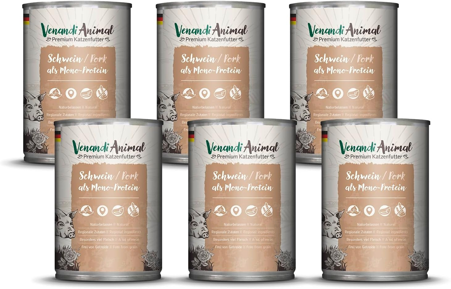 Venandi - Mokra karma dla kotów Premium - wieprzowina jako pojedyncze białko, 6 x 400 g (opakowanie 6 szt.), bez zbóż, z dodatkiem mięsa