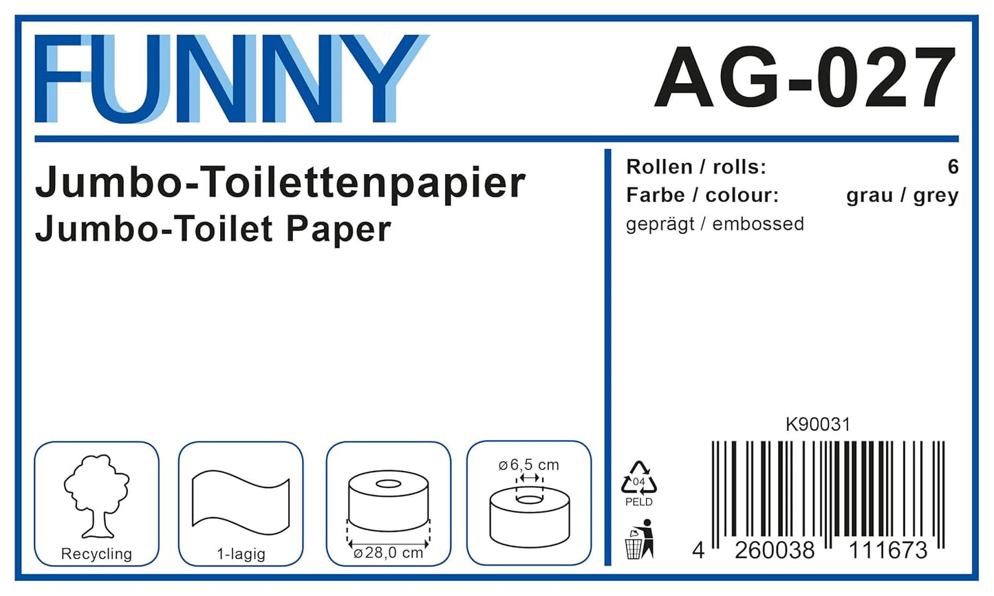 Papier toaletowy Funny AG-027 Jumbo, 1-warstwowy, makulaturowy, średnica 28 cm (6 szt. w opakowaniu)