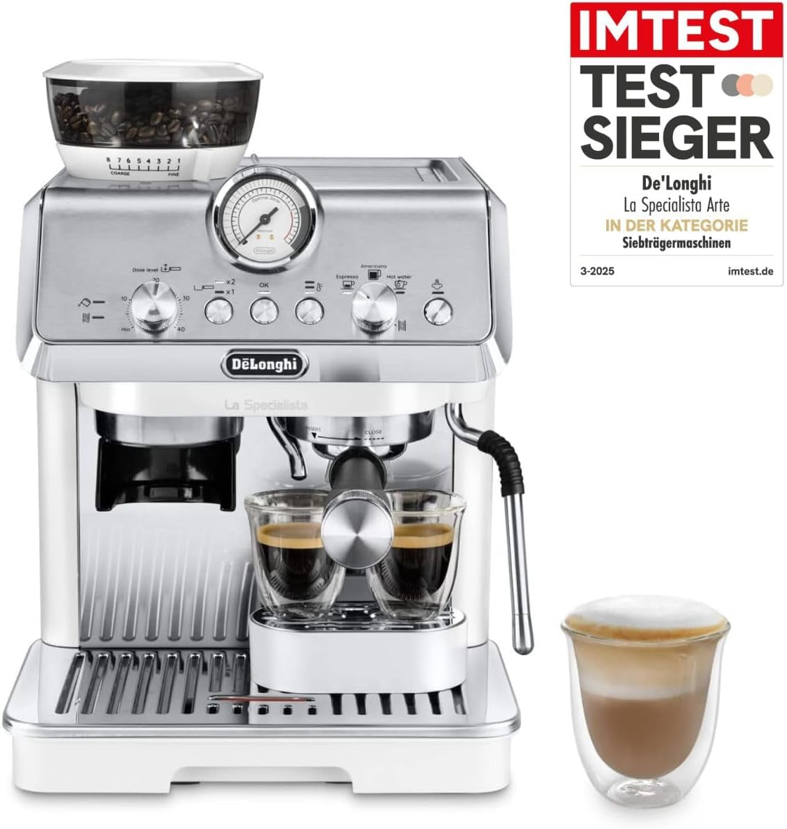 De'Longhi La Specialista Arte EC9155.MB ekspres do kawy z kolbą ze młynkiem, 8 stopni mielenia, ciśnienie 15 barów, 3 ustawienia temperatury, spieniacz do mleka, 1550 W, zbiornik 1,7 l, stal nierdzewna/czarny, w zestawie zestaw baristy