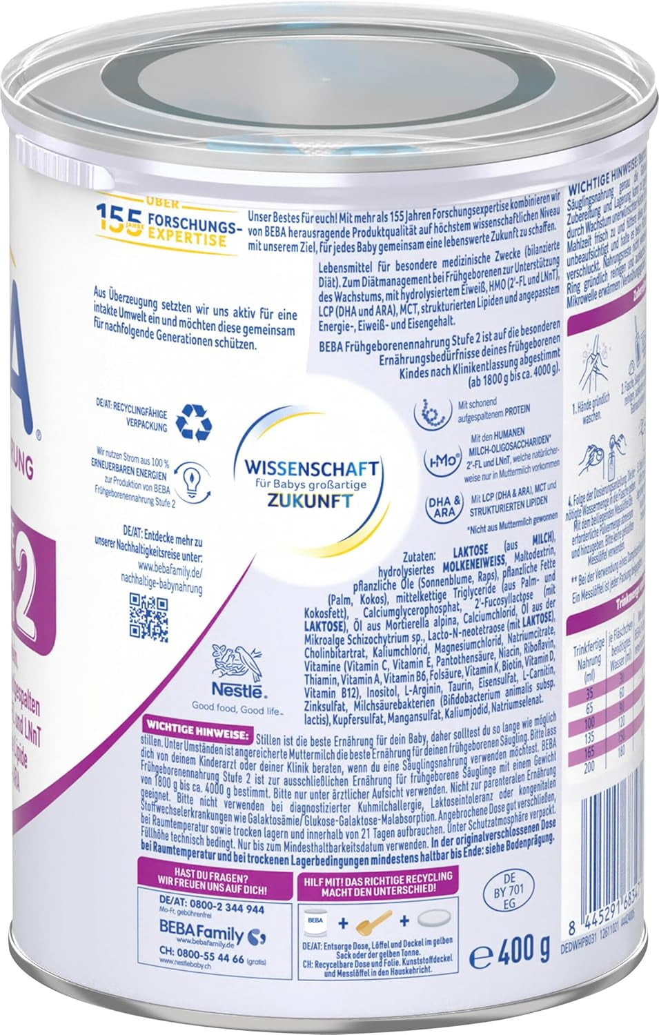BEBA Premature Infant Formula Stage 2 - Wcześniaki po wypisie ze szpitala, żywność dla niemowląt, mleko w proszku dla niemowląt, 1 opakowanie (1 x 400 g)