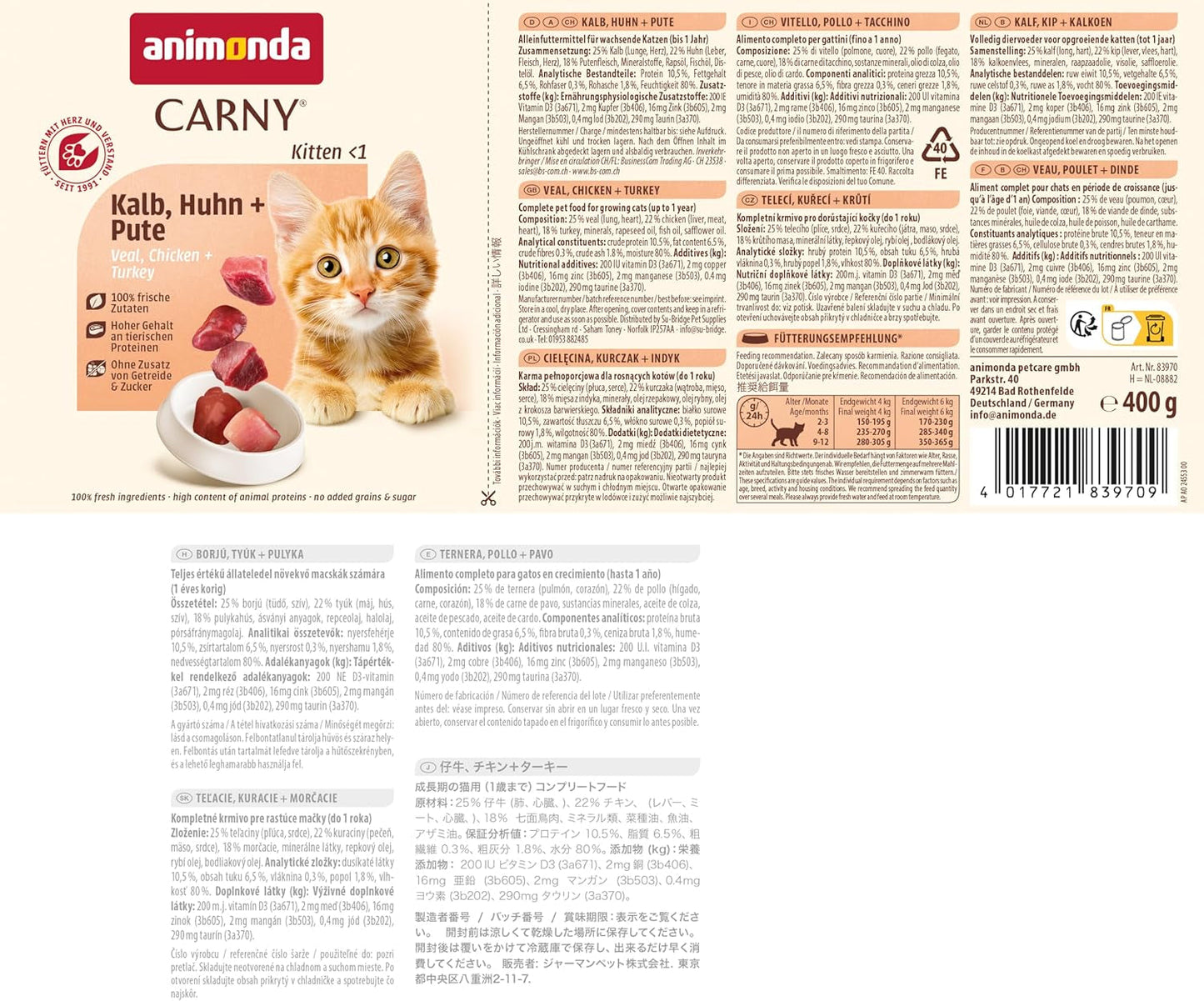 animonda Carny Katzen Nassfutter Kitten Chicken + Pute (12 x 400g), Kitten getreidefreies Katzennassfutter ohne Zucker für wachsende Kätzchen bis 1 Jahr, mit frischen Składnik