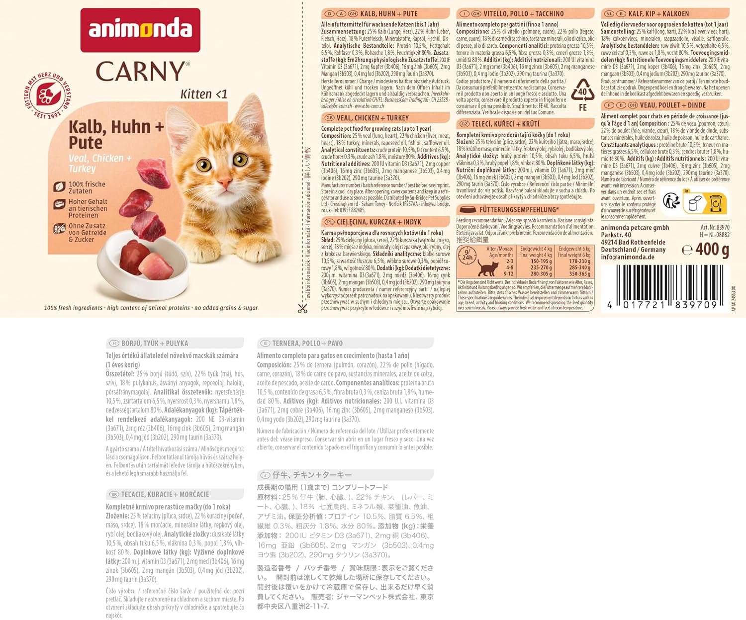 animonda Carny Katzen Nassfutter Kitten Chicken + Pute (12 x 400g), Kitten getreidefreies Katzennassfutter ohne Zucker für wachsende Kätzchen bis 1 Jahr, mit frischen Składnik