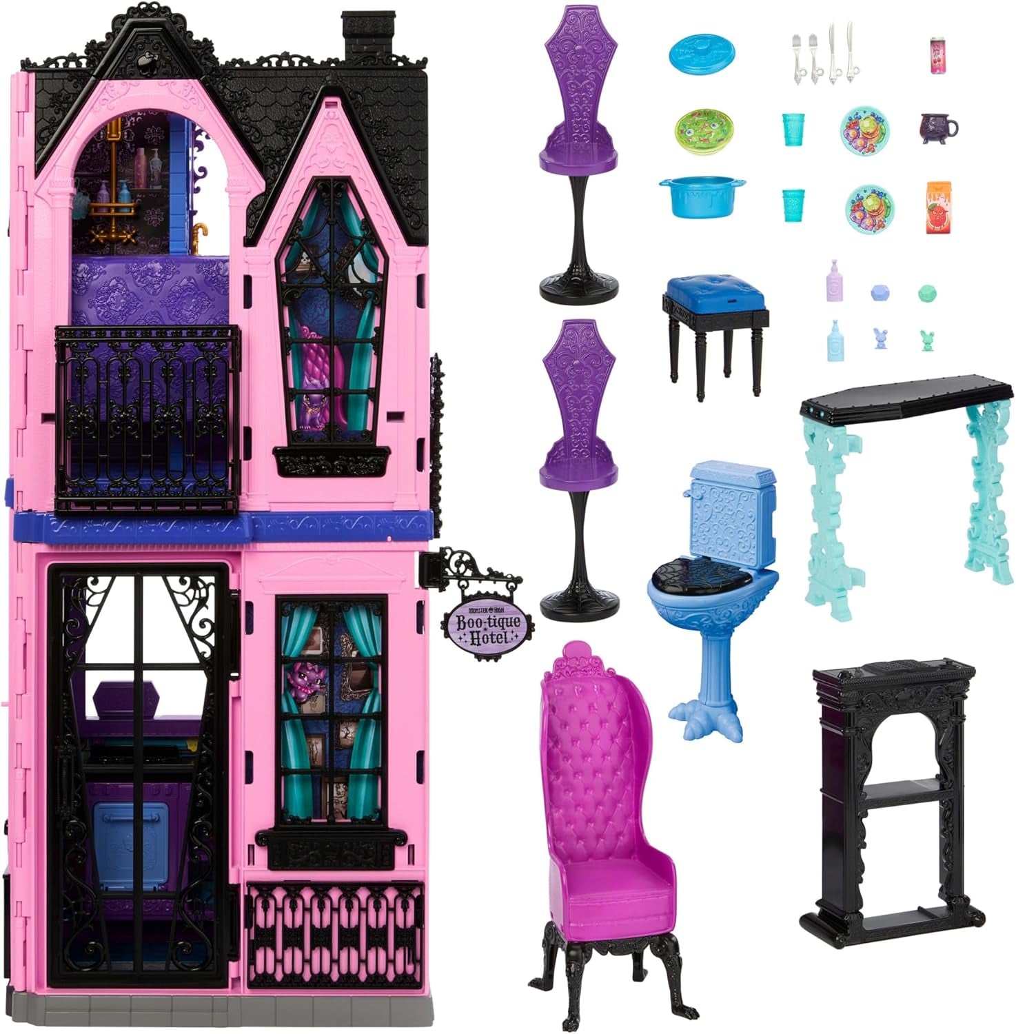 Hotelowy domek dla lalek Monster High Buh-tique, składany zestaw ze strasznymi niespodziankami w każdym pokoju i ponad 13 zestawów do zabawy, w tym meble i akcesoria, JBF16