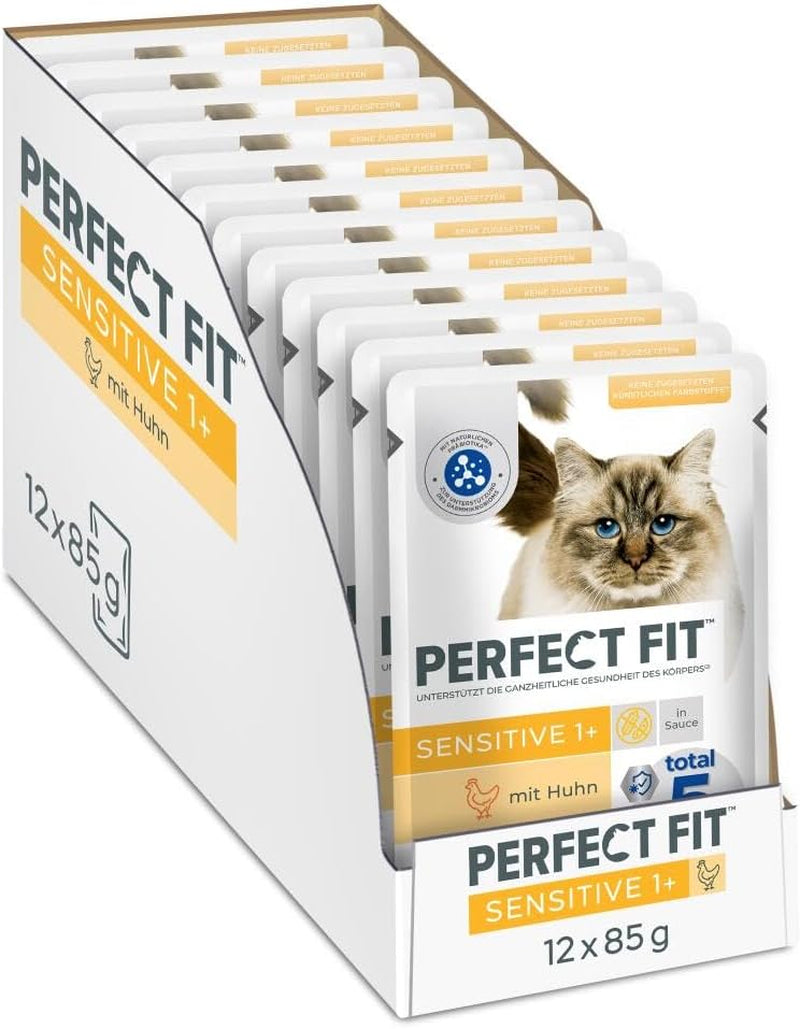 Mokra karma dla kotów Perfect Fit Sensitive 1+ z kurczakiem w sosie, 12 saszetek, 12 x 85 g - Mokra karma premium dla wrażliwych kotów od 1 roku, bez pszenicy i soi, wspomagająca trawienie