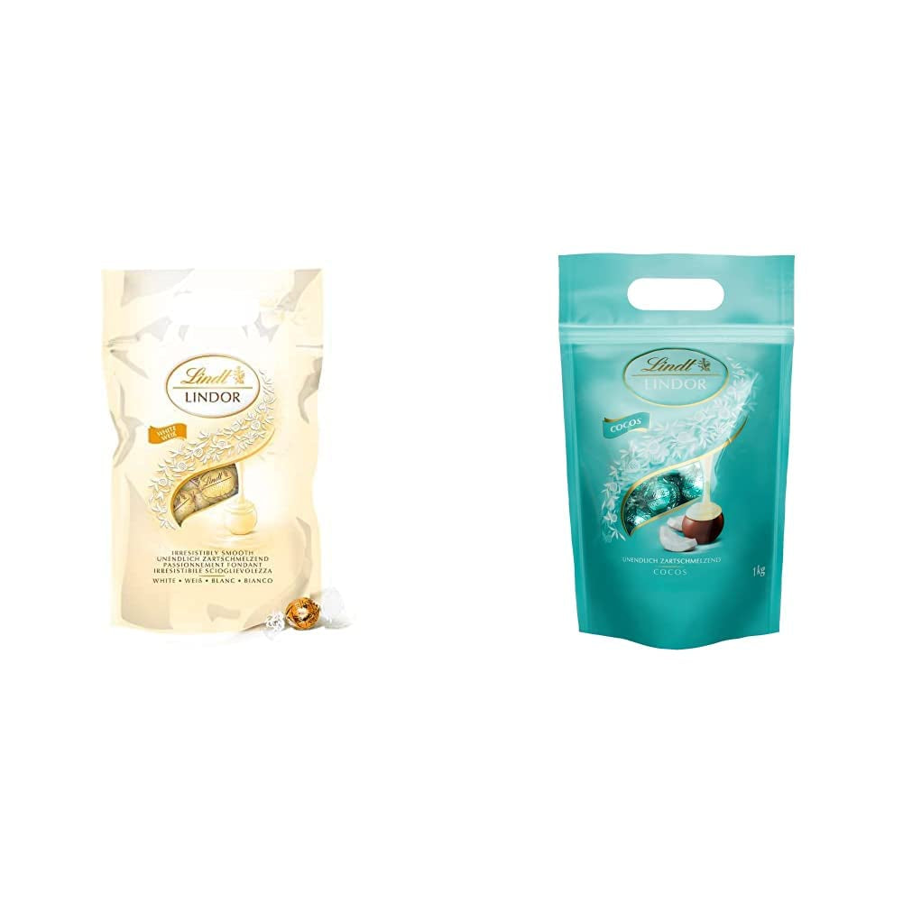 Kulki z białej czekolady LINDOR 1 kg i LINDOR | 1 kg zamykana torebka | ok. 80 kulek z mlecznej czekolady z nadzieniem miętowym | Opakowanie zbiorcze, prezent pralinowy, prezent czekoladowy