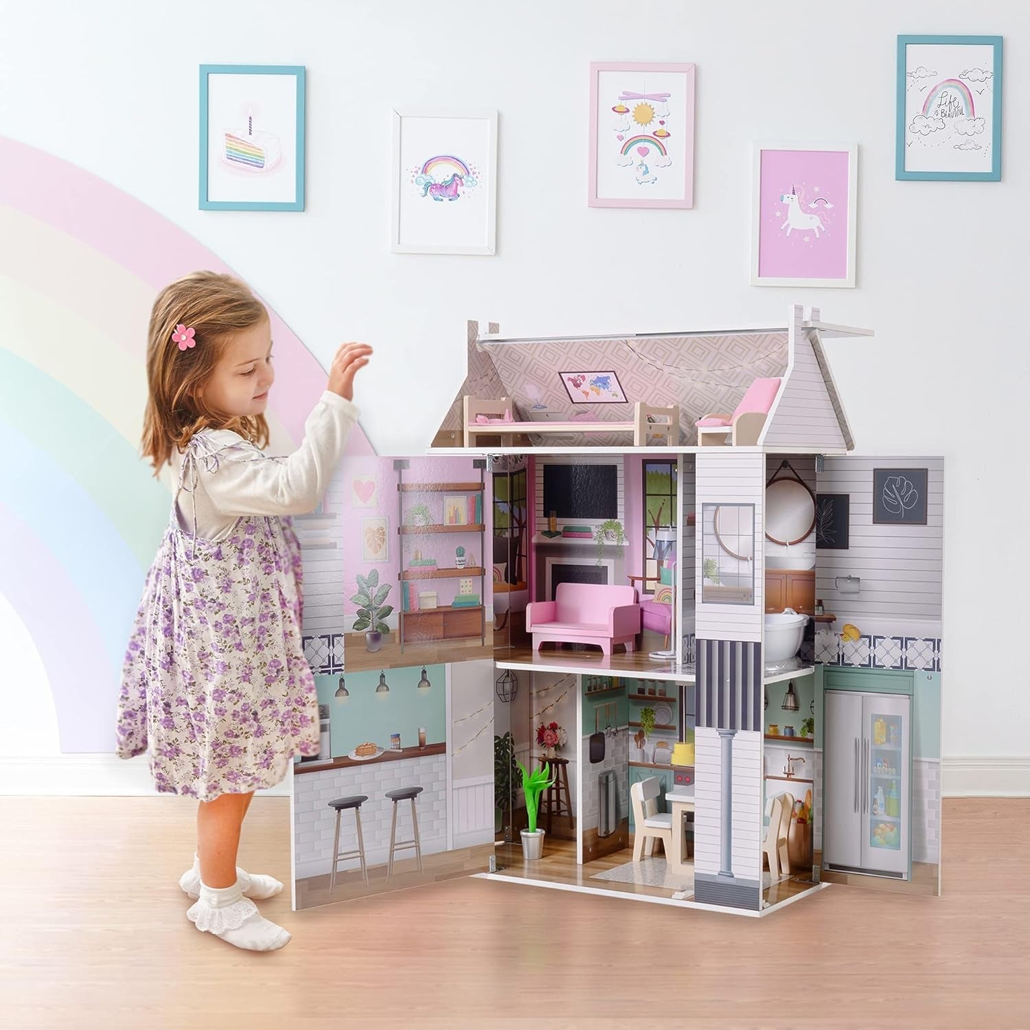 Mały świat Olivii Dreamland Farmhouse Kids Interaktywny drewniany domek dla lalek 3 piętra z 13 akcesoriami meblowymi dla lalek Biały TD-13632A Domki dla lalek Naty Shop