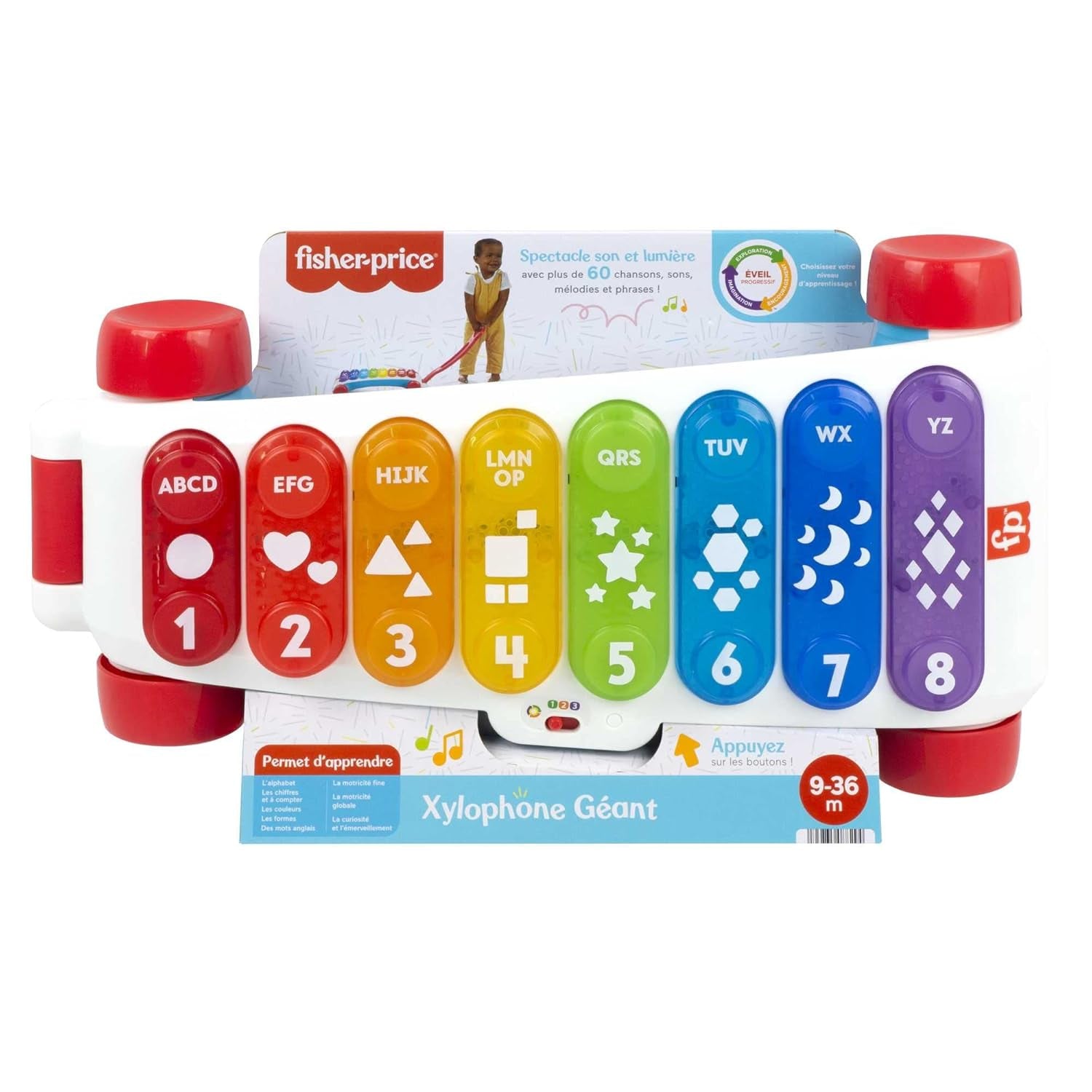 Fisher-Price Świecący ksylofon gigant - elektroniczny instrument muzyczny do ciągnięcia wraz z piosenkami z treściami edukacyjnymi, dla dzieci, już od 9 miesiąca życia, wielokolorowy, wersja: francuska, HJK40 Jucarii Bebe Naty Shop