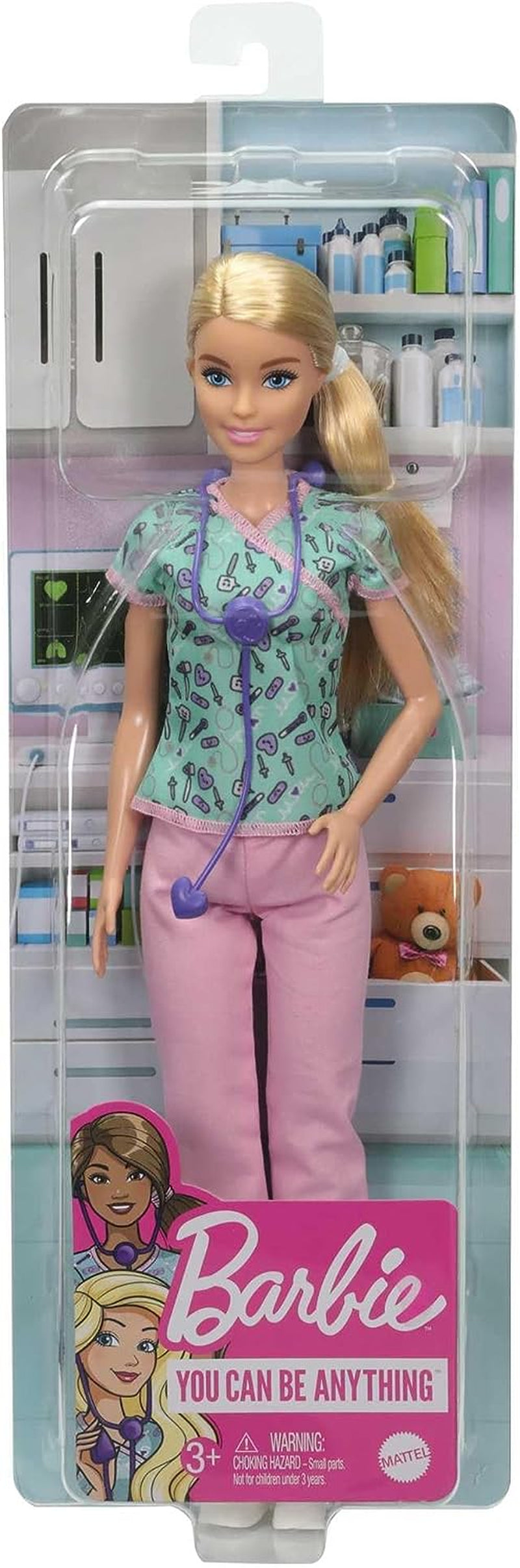 Lalka Barbie GTW39 - Pielęgniarka (ok. 30 cm) z nadrukiem na górze i różowymi spodniami, białymi butami i stetoskopem, świetny prezent dla dzieci w wieku 3 lat i starszych