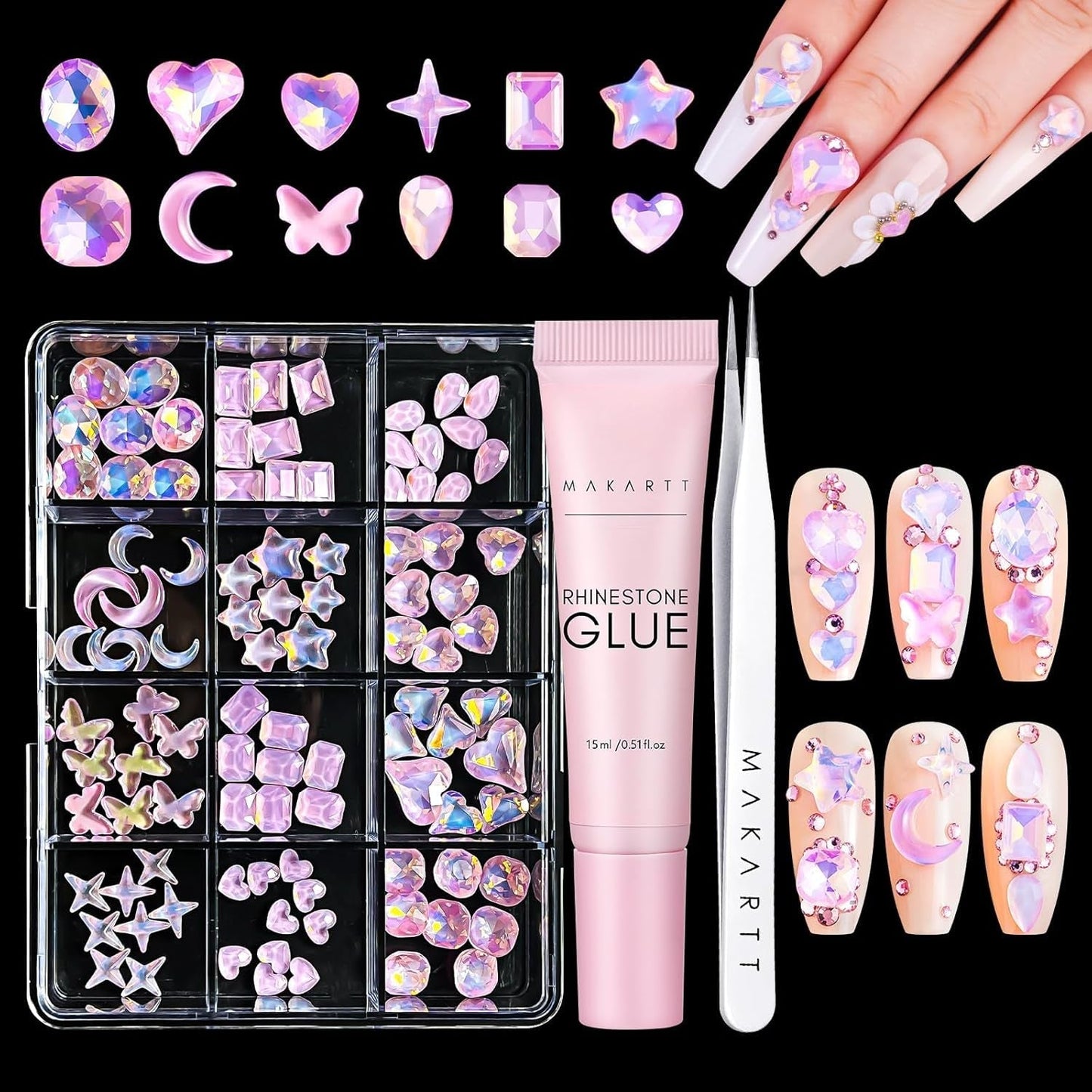 Makartt Żel samoprzylepny Rhinestone - 15 ml Zestaw klejów do paznokci UV z różowymi zawieszkami do paznokci Serce Koło Biżuteria do paznokci i akcesoria do projektowania paznokci do domowego manicure Prezent na Walentynki