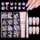 Makartt Żel samoprzylepny Rhinestone - 15 ml Zestaw klejów do paznokci UV z różowymi zawieszkami do paznokci Serce Koło Biżuteria do paznokci i akcesoria do projektowania paznokci do domowego manicure Prezent na Walentynki