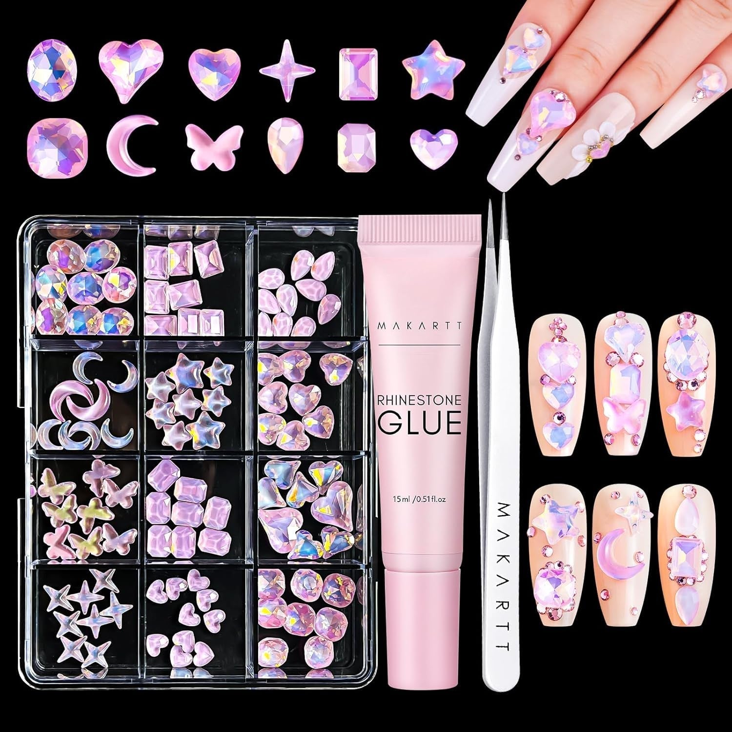 Makartt Żel samoprzylepny Rhinestone - 15 ml Zestaw klejów do paznokci UV z różowymi zawieszkami do paznokci Serce Koło Biżuteria do paznokci i akcesoria do projektowania paznokci do domowego manicure Prezent na Walentynki