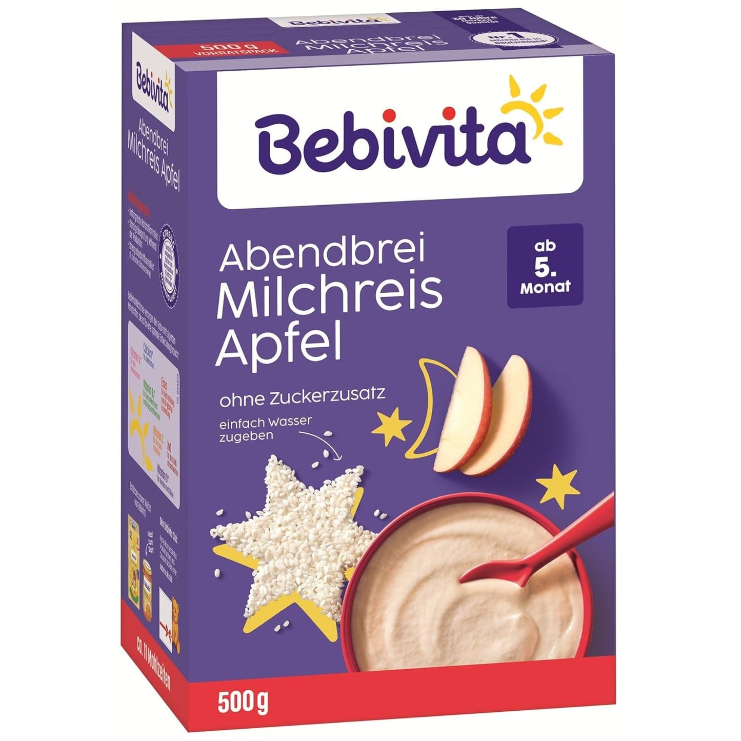 Budyń ryżowy z jabłkami i kaszką wieczorną (4x500g), kaszka mleczna od 5 miesiąca, z cennymi minerałami i witaminami, bez dodatku cukru, bardzo sycąca