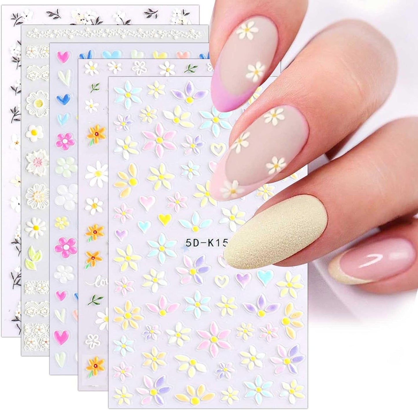 JMEOWIO 3D Nagelsticker Frühling Blumen 5 Blatt Nagelaufkleber 5D Stereoskopisch Selbstklebend Bunte Blüte Nail Art Naklejka Dekoracja Nageldesign Zubehör