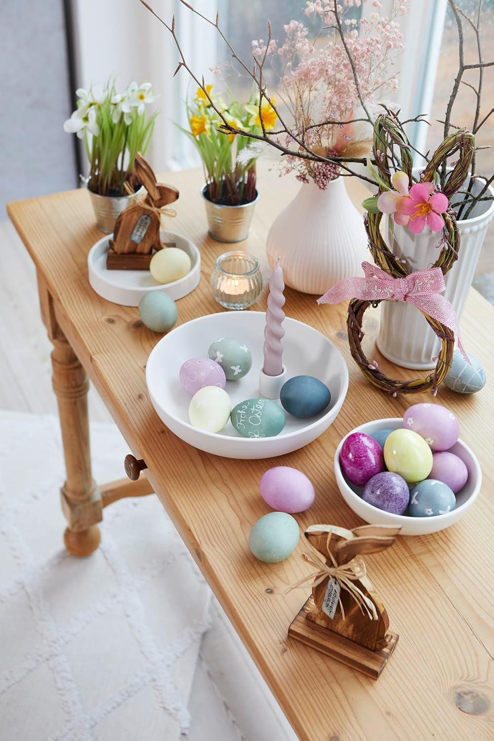 Zestaw naturalnych barwników Heitmann Egg Dye, 3 proszki barwnika do jaj (żółty, fioletowy, szaro-niebieski), arkusz naklejek z papieru z trawy