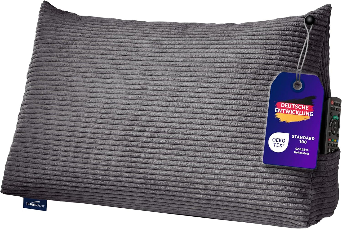 Poduszka do czytania Traumnacht Cosy Back Cushion, 70 x 40 cm ciemnoszara, zdejmowany i nadający się do prania pokrowiec wykonany w 100% z poliestru, praktyczna kieszeń boczna, certyfikat Oeko-Tex, wyprodukowana zgodnie z niemieckimi standardami jakości