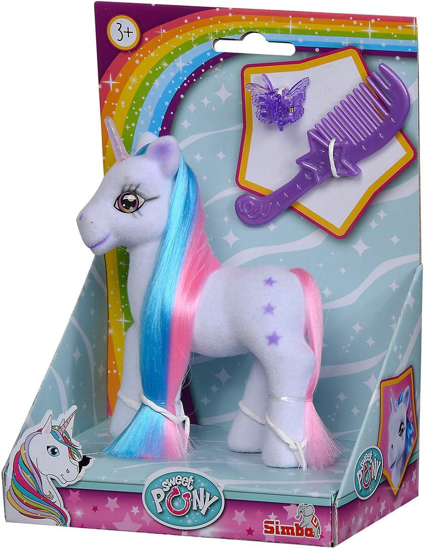 Simba 104342482 - Jednorożec z kolorowymi włosami, 14 cm, flokowany, z grzebieniem i spinkami do włosów, od 3 lat Naty Shop Dolls