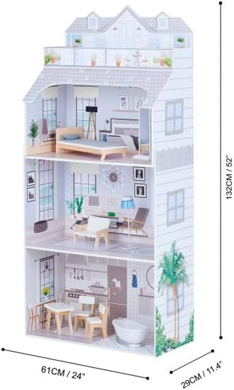Teamson Kids Olivia's Little World Gigantyczny domek dla lalek z meblami i akcesoriami, drewniany domek dla lalek, 3-poziomowy zestaw dla lalek 30 cm, wiek: 3+
