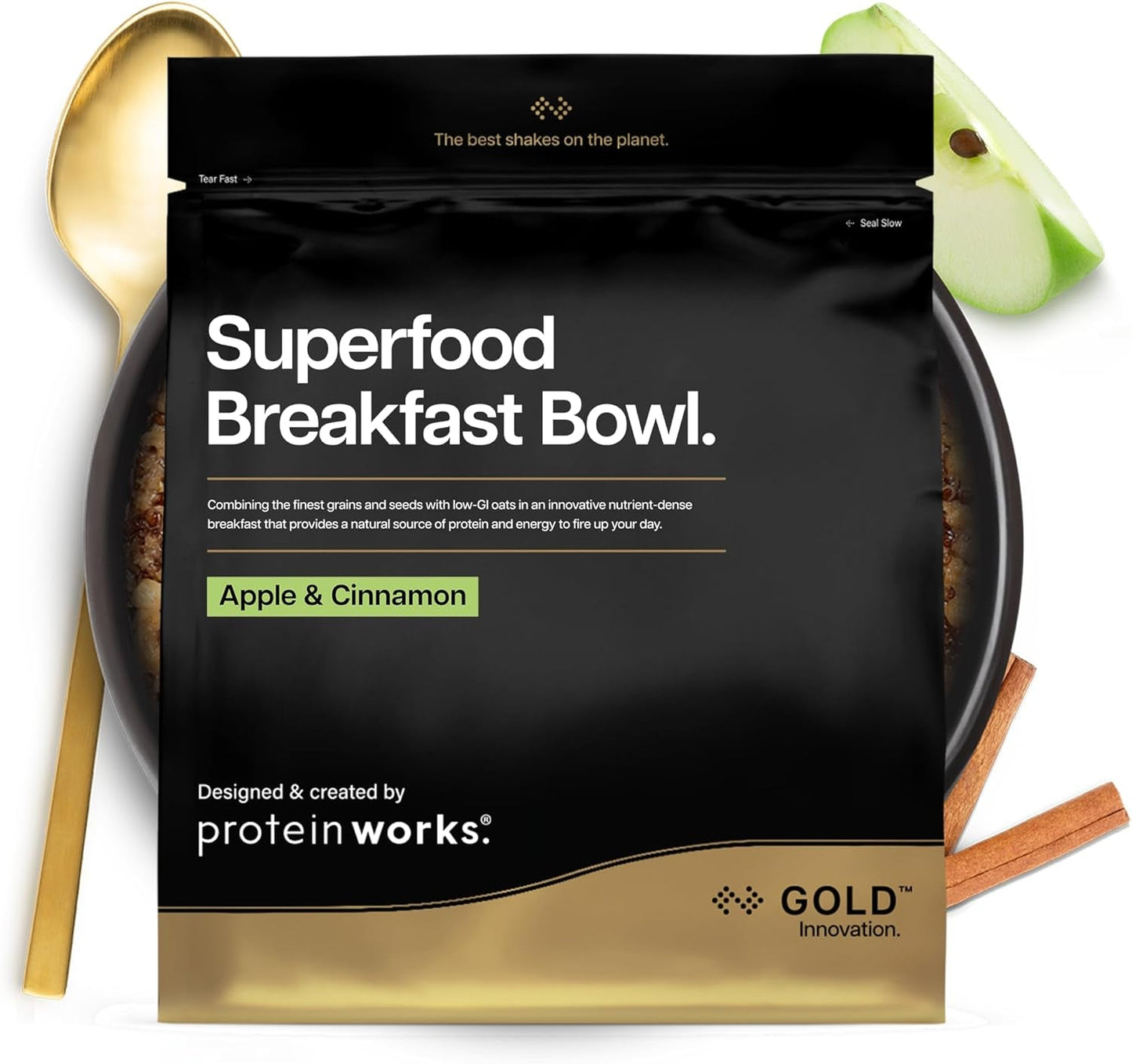 Białko działa | Śniadanie Superfood - ZŁOTA Innowacja, Nagradzane płatki zbożowe, Muesli białkowe, Bogate w składniki odżywcze zbóż, nasion i owsa, Wysoka zawartość błonnika, Jabłka i Cynamonu, 10 porcji, 600g