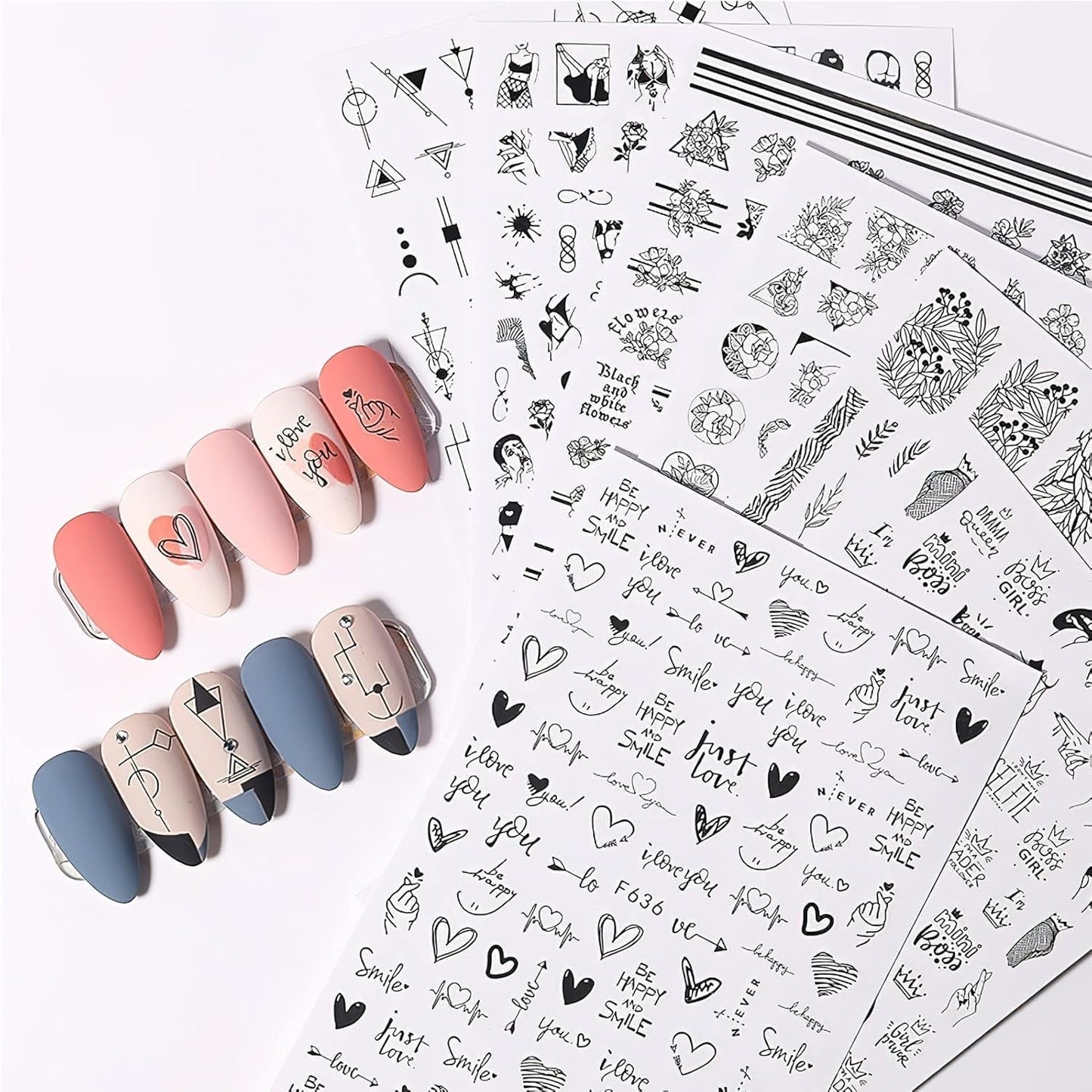 7 Blätter Nagelsticker Selbstklebend Nagelsticker Blumen Abstrakt 3D Schwarz Nagelaufkleber Nageldesign Herzform Wörter Pflanzen Nagel Naklejka DIY Nail Art Zubehör Maniküre Dekoration