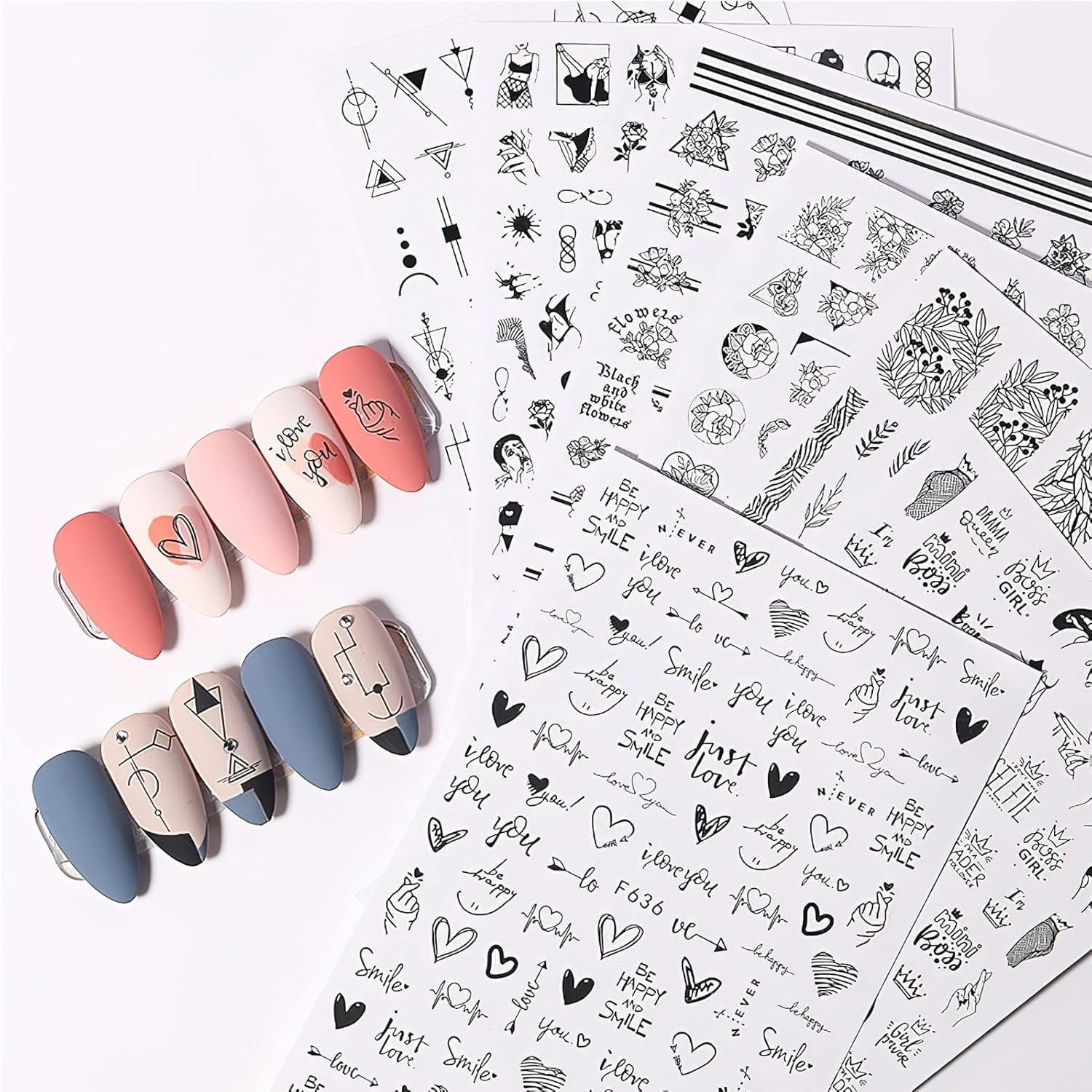7 Blätter Nagelsticker Selbstklebend Nagelsticker Blumen Abstrakt 3D Schwarz Nagelaufkleber Nageldesign Herzform Wörter Pflanzen Nagel Naklejka DIY Nail Art Zubehör Maniküre Dekoration