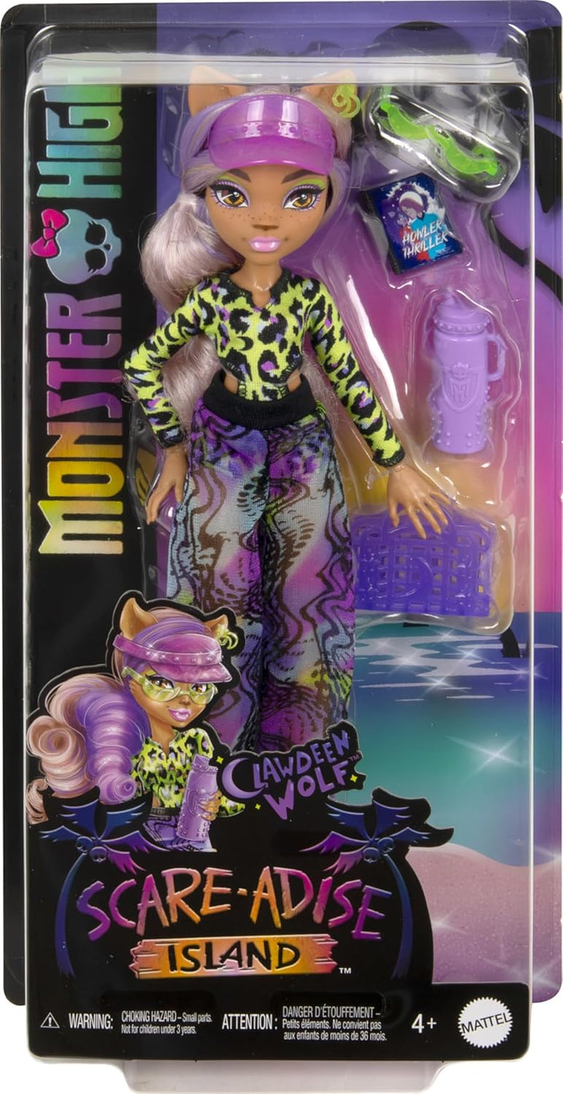 Lalka Monster High Scare Adise Island Clawdeen Wolf ze strojem kąpielowym, spodniami do biegania i akcesoriami plażowymi, takimi jak daszek, butelka wody i książka