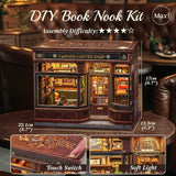 Zestaw narożny z książką CUTEBEE - domki dla lalek DIY, zestaw do budowania miniaturowego domu z oświetleniem LED dla dorosłych, drewniane puzzle 3D i stojak na książki - dekoracja półki na książki i prezent (kawiarnia narożna)