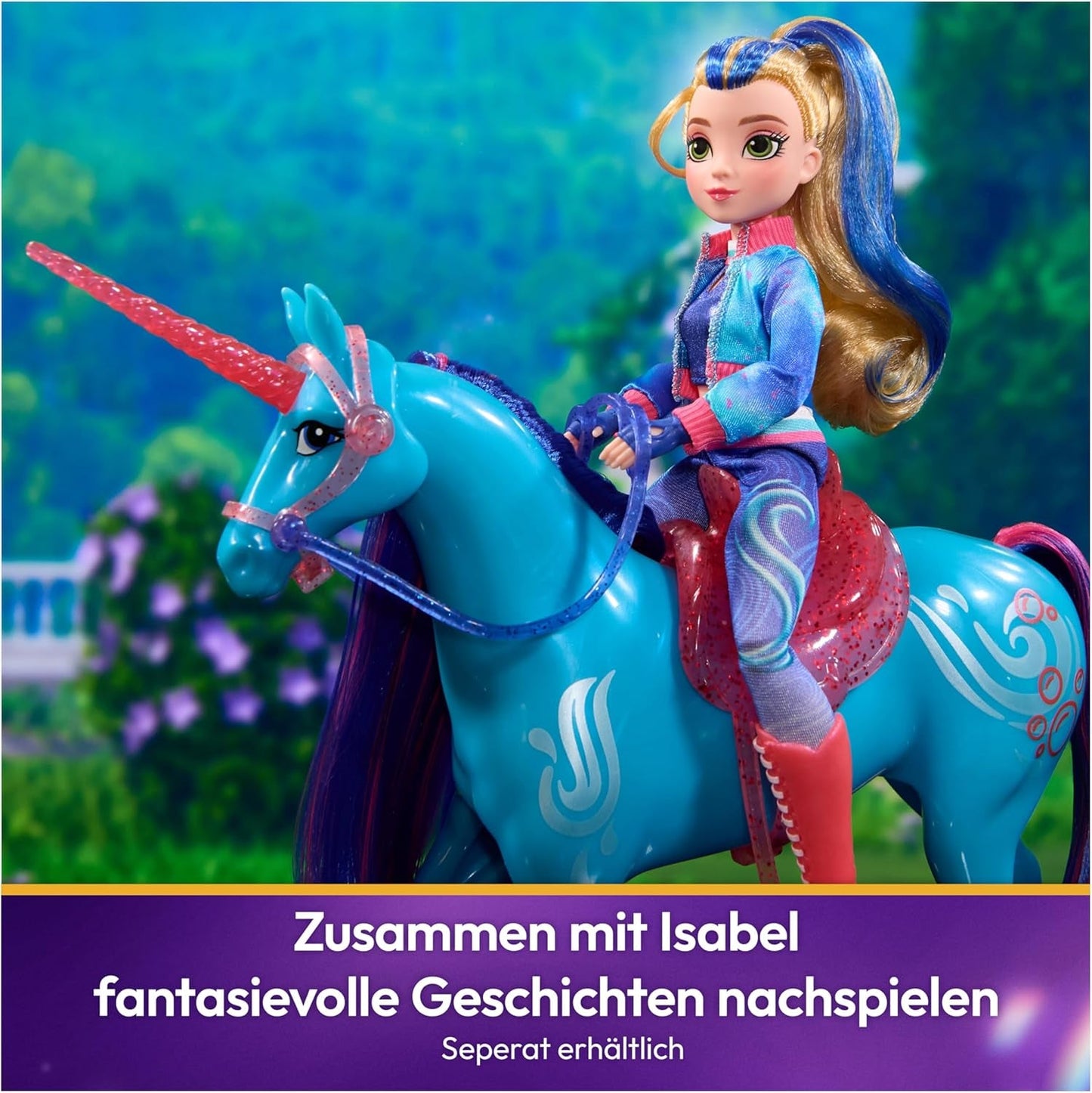 Unicorn River Unicorn Academy - wysoki na 28 cm, oryginalny jednorożec Isabel z serialu Netflix, z prawdziwą grzywą i ogonem, zdejmowaną uzdą oraz siodłem i szczotką, dla dzieci od 4 roku życia