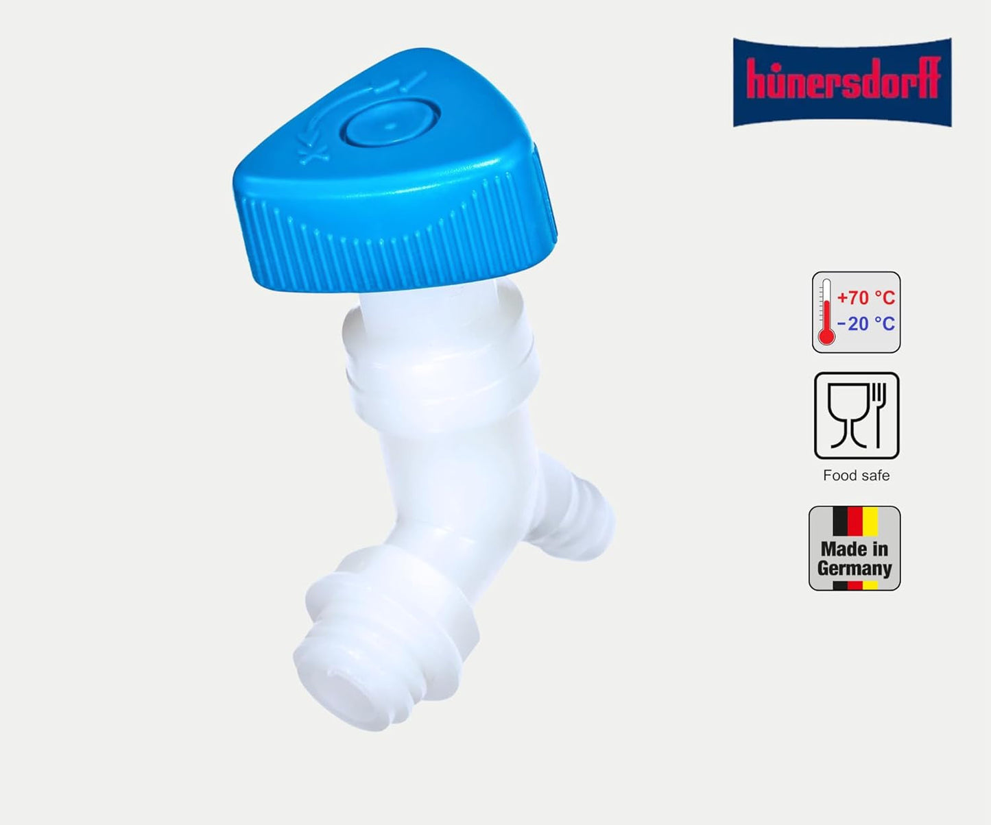 Hünersdorffa | Zawór kątowy | Coltara | Do kanistrów o szerokości gwintu 22 mm | Przyłącze węża 13 mm lub 1/2" | Naturalny/niebieski