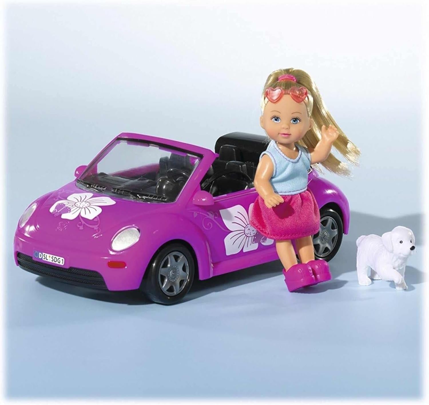 Simba 105731539 - Evi Love Beetle Evi's, Evi z samochodem, samochód: 22 cm, z psem, modną lalką, 12 cm, dla dzieci od 3 lat