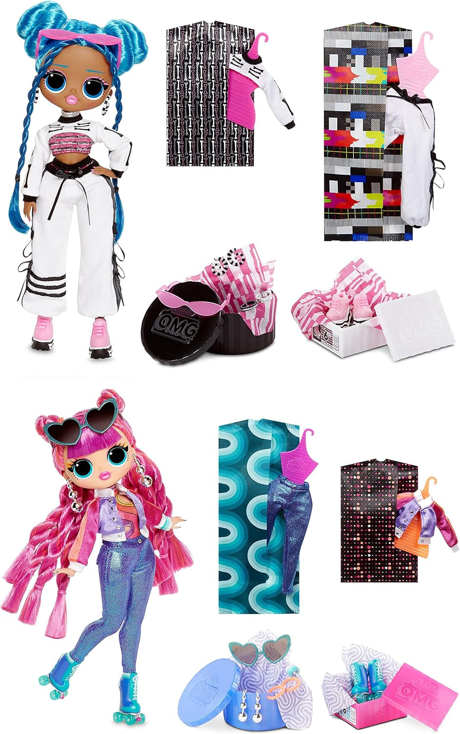LOL Surprise OMG Fashion Doll 2 sztuki ROLLER CHICK & CHILLAX - Ekskluzywne Puppen mit 40 Überraschungen inkl. Ubrania i akcesoria - Zestaw Verpackungs-Spielset 2 w 1 - Serie 3 - Für Kinder ab 4 Jahren