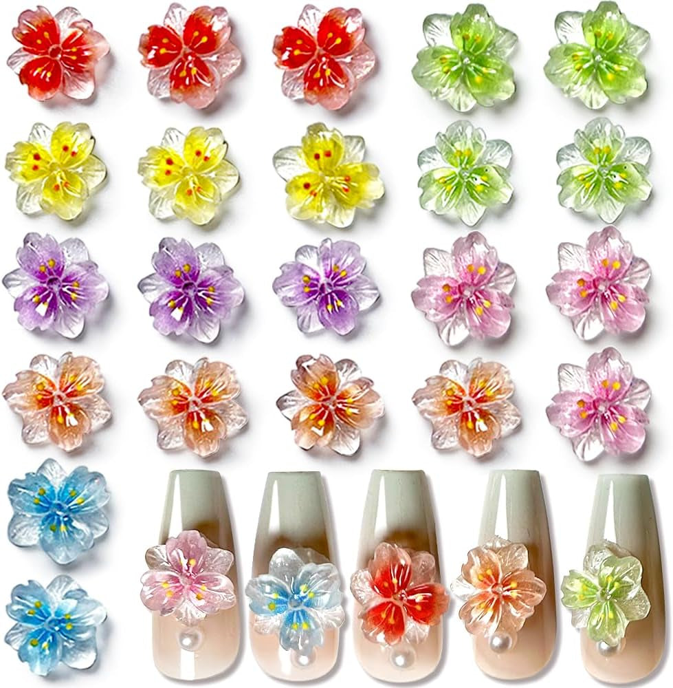 50 szt. 3D Blume Nagel Charms Nägel Zubehör Nageldesign Glitzersteine ​​​​Nailart Strasssteine ​​​​Kwiatowe zawieszki do paznokci Luminous Flower Nail Art Charms Bunte Blumen Deko Nagel Steinchen Kwiaty Cyrkonie do paznokci
