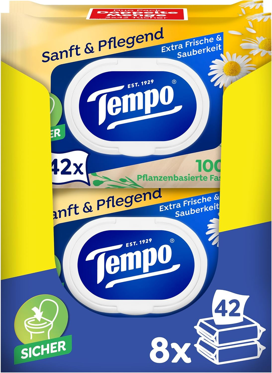 Chusteczki toaletowe Tempo "Gentle & Caring" - Megapack - 16 opakowań po 42 chusteczki - Duo Pack - z naturalnym rumiankiem - papier toaletowy, testowany dermatologicznie, neutralny dla Ph skóry