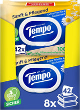 Chusteczki toaletowe Tempo "Gentle & Caring" - Megapack - 16 opakowań po 42 chusteczki - Duo Pack - z naturalnym rumiankiem - papier toaletowy, testowany dermatologicznie, neutralny dla Ph skóry