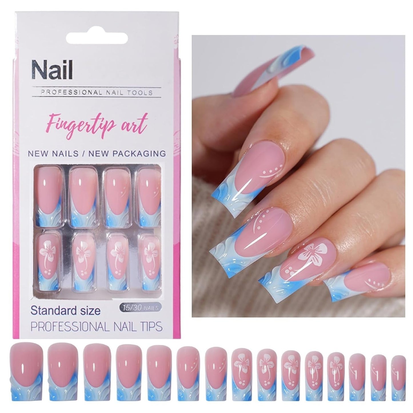 30 sztuk francuskie sztuczne paznokcie-klej na sztuczne paznokcie-miękkie paznokcie żelowe dla kobiet-akrylowe paznokcie samoprzylepne kwadratowy manicure (francuski różowy)